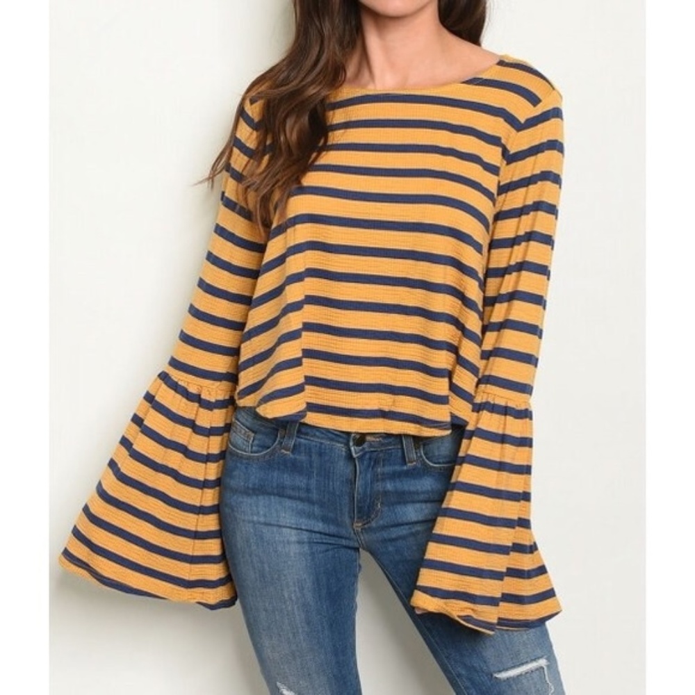 Boho Mustard Striped Bell Sleeve Top